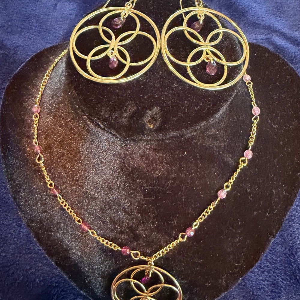 Avon Gold-Tone Necklace and Hoop Earrings with Pink Beads